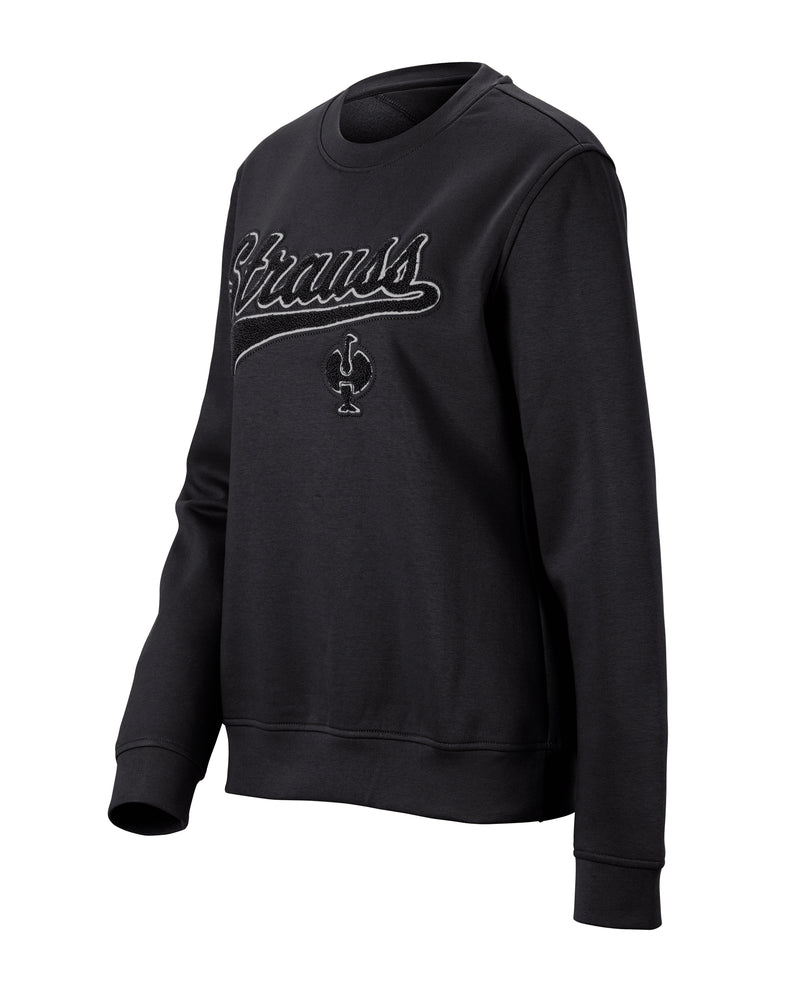 Women's STRAUSS e.s.e:pic artwork crew neck sweatshirt in black, front view
