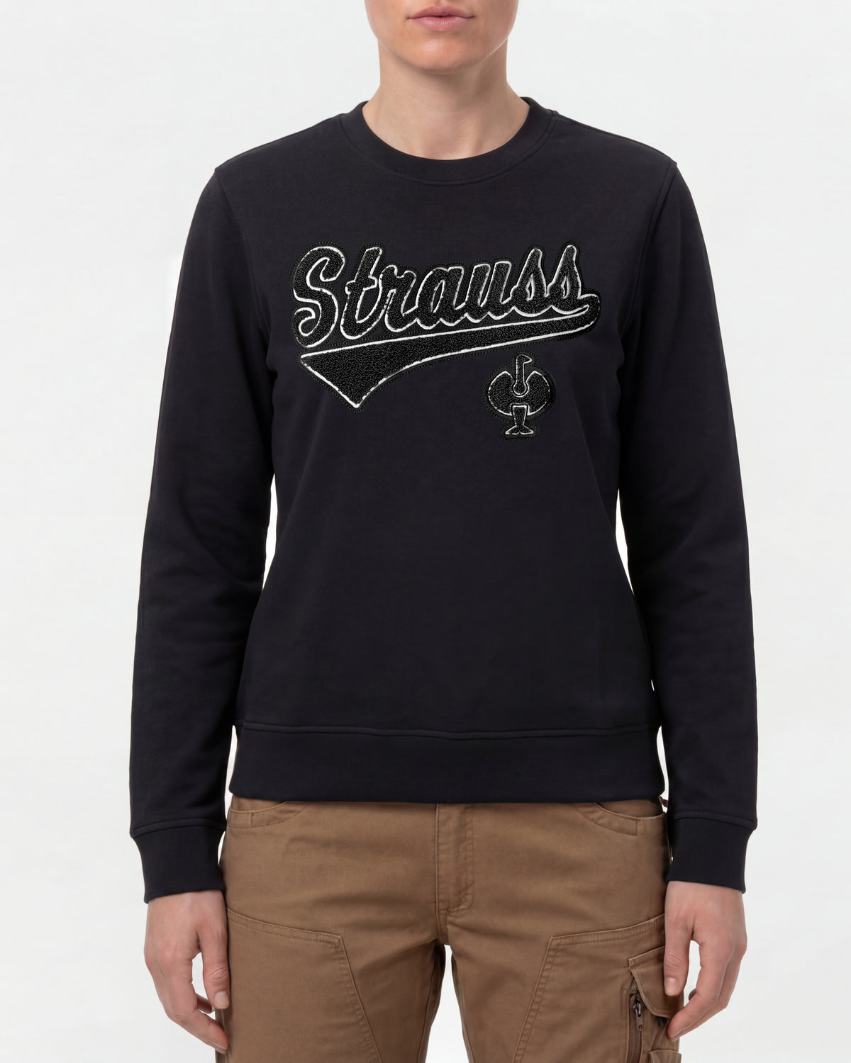 Women's STRAUSS e.s.e:pic artwork crew neck sweatshirt in black, worn by model, front view