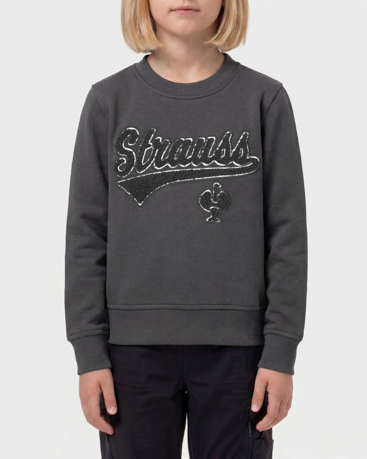 Kids' STRAUSS e.s.e:pic artwork crew neck sweatshirt in carbon gray, worn by model, front view