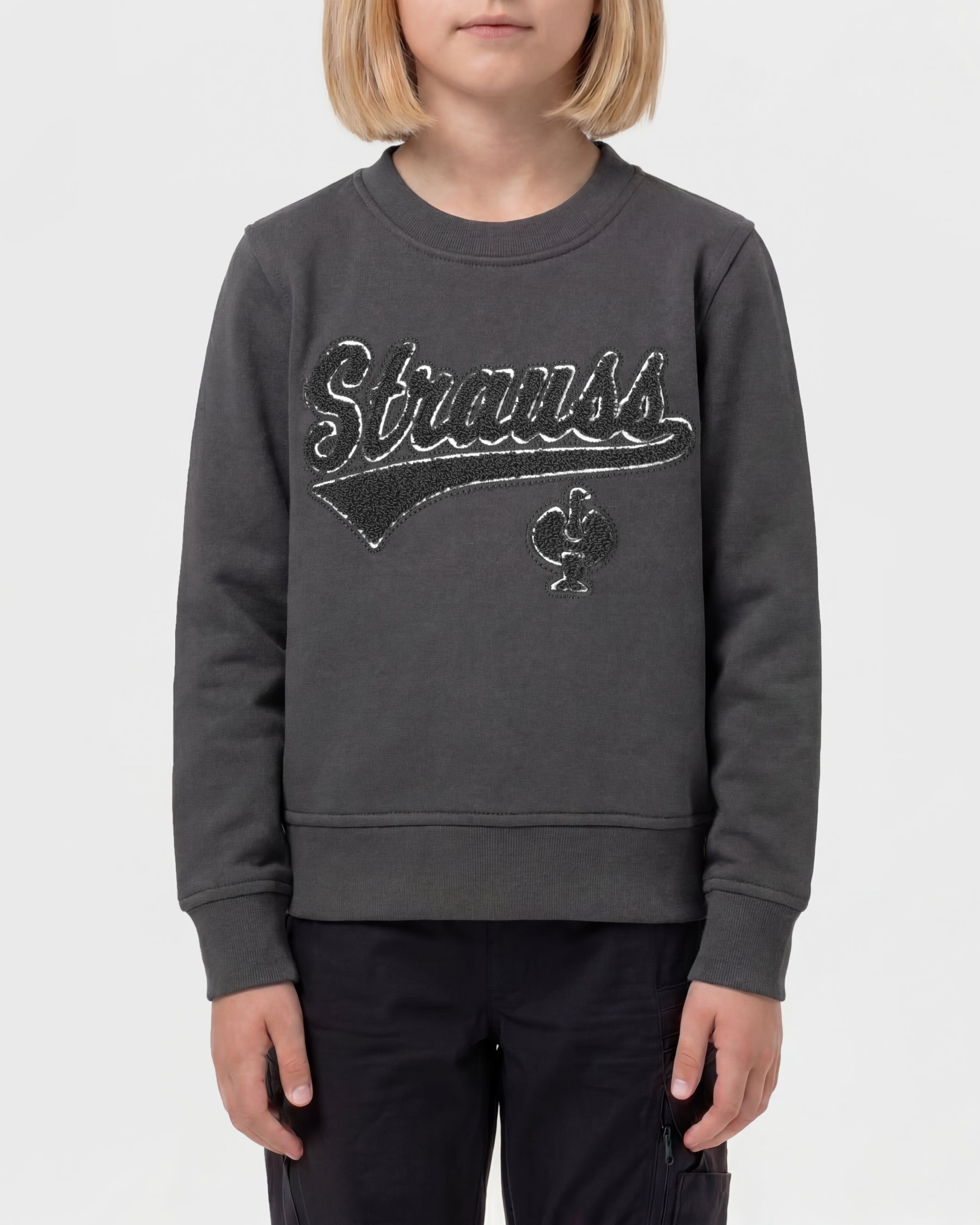 Kids' STRAUSS e.s.e:pic artwork crew neck sweatshirt in carbon gray, worn by model, front view