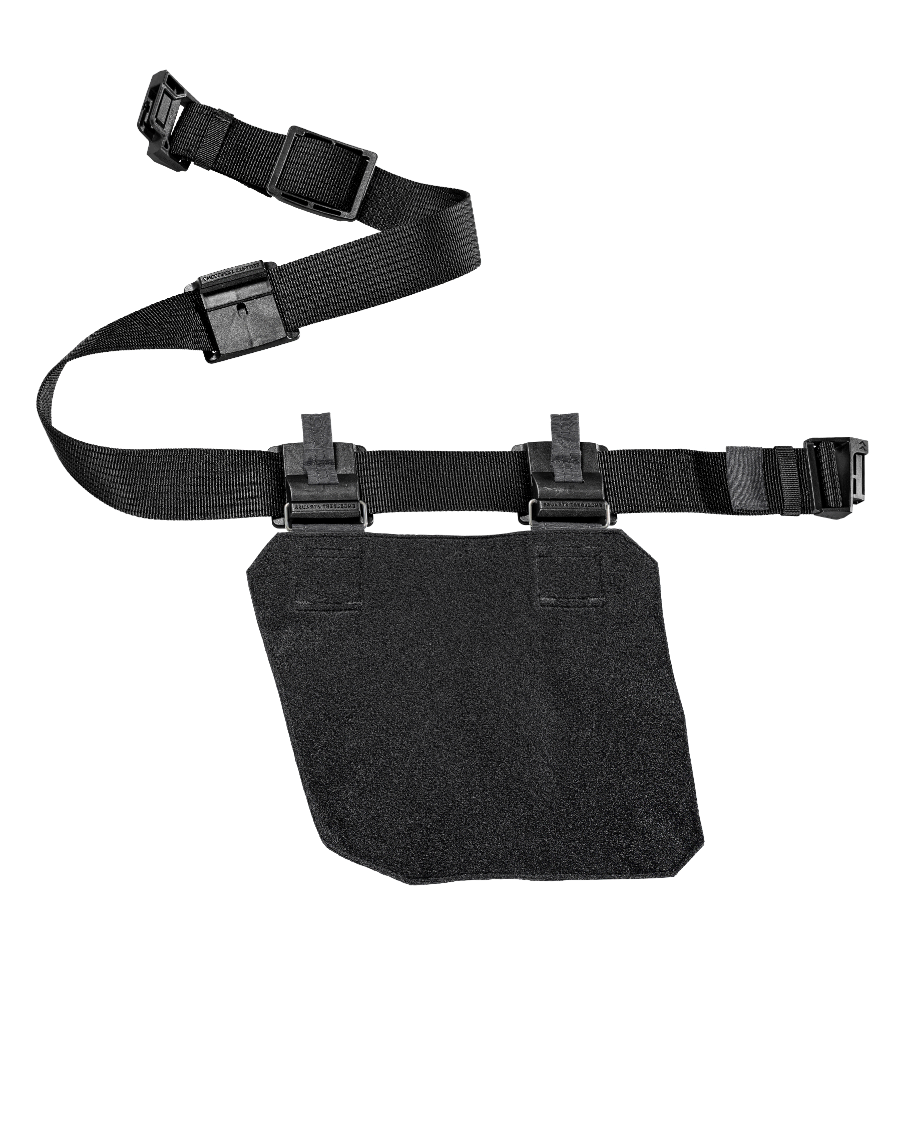 A black adjustable nylon strap with buckles is attached to the rectangular black fabric Bag basic module e.s.tool concept, right by STRAUSS, featuring the innovative magnetic Fidlock system and often used as tactical or utility gear.
