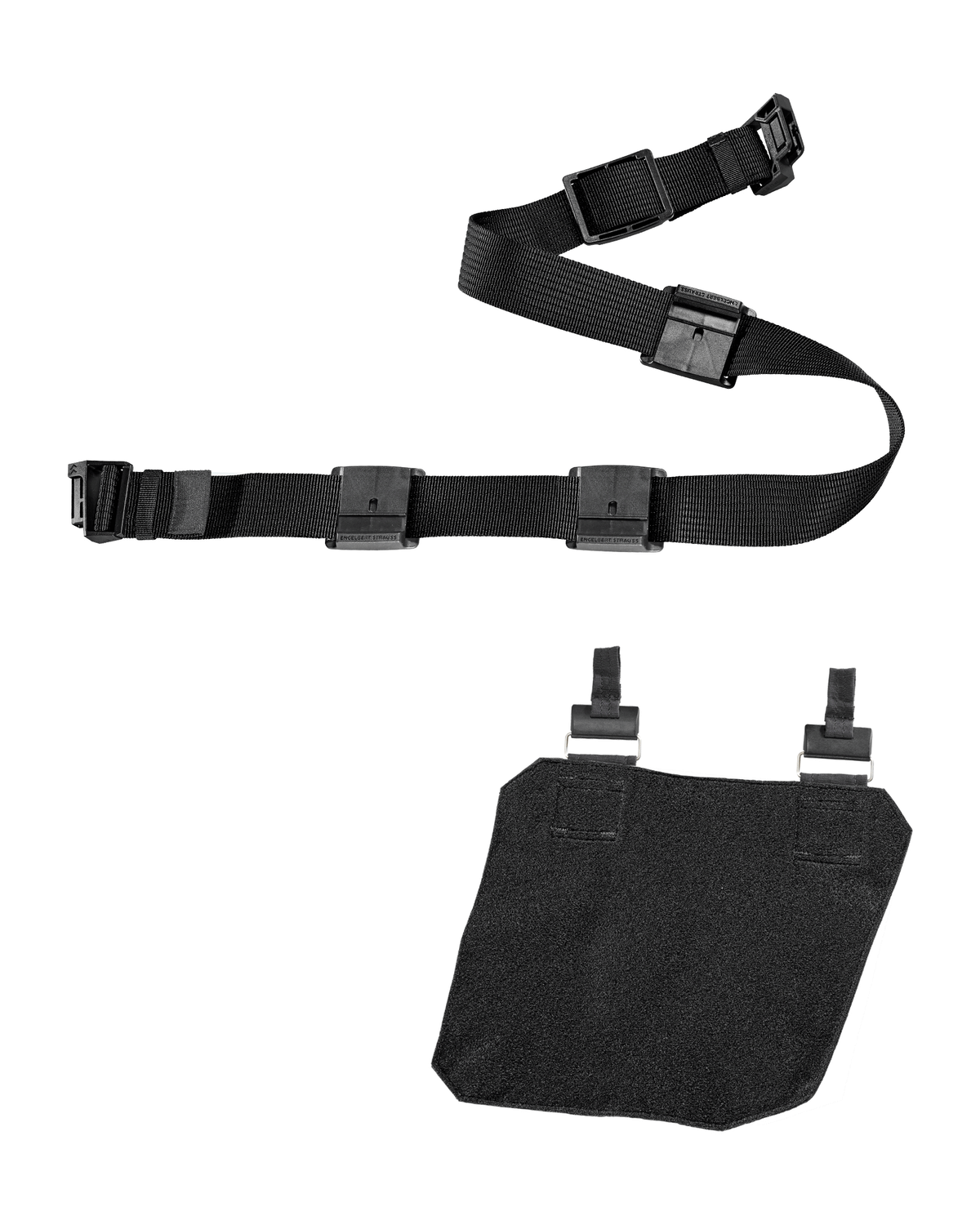 Black adjustable strap with plastic buckles and a detachable black fabric panel, both laid out flat on a white background. The STRAUSS Bag basic module e.s.tool concept, left, is designed as a versatile tool bag accessory offering customizable functionality for organized storage.