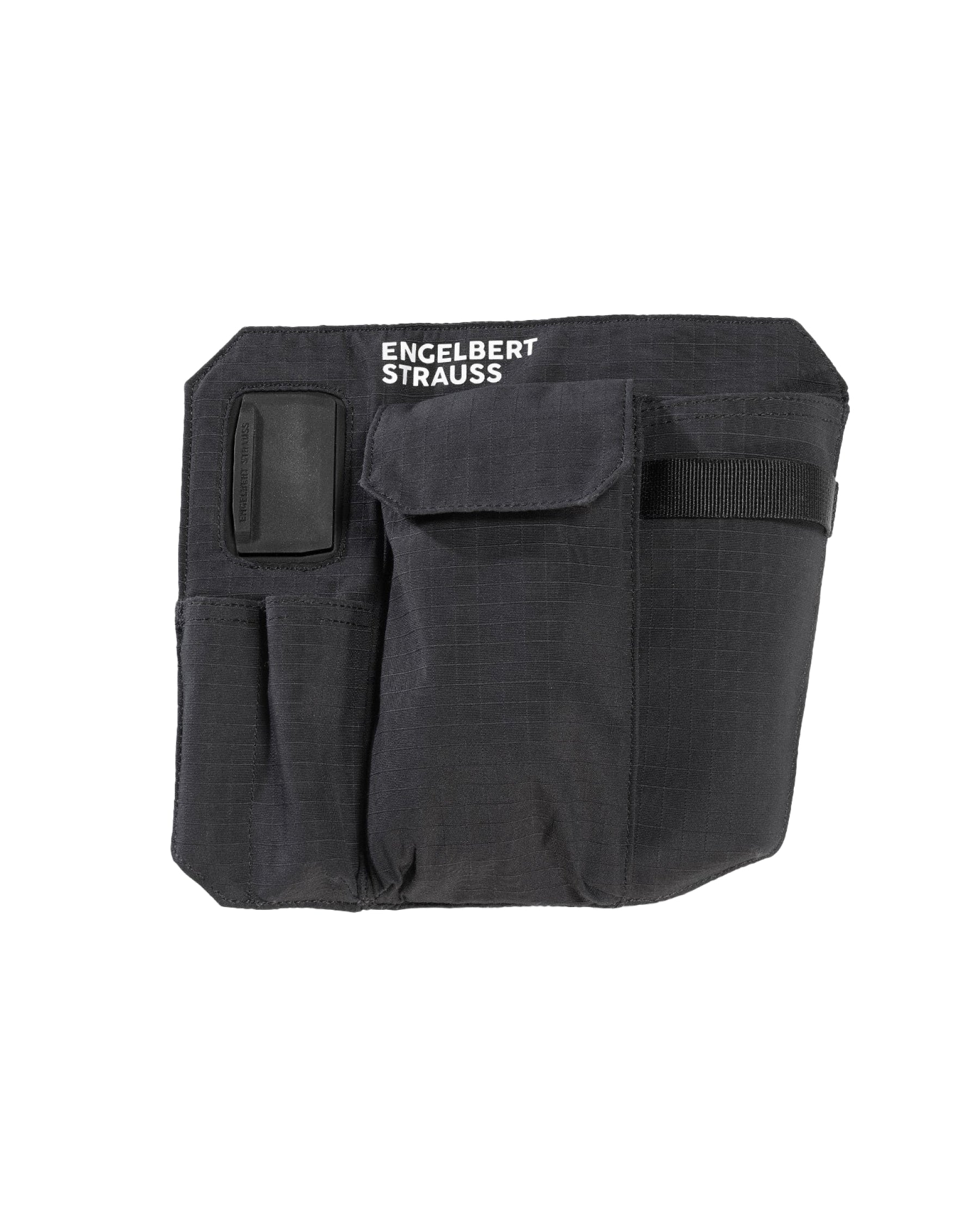 Black STRAUSS e.s.tool concept left-hand large tool bag with modular pockets and belt attachment points.
