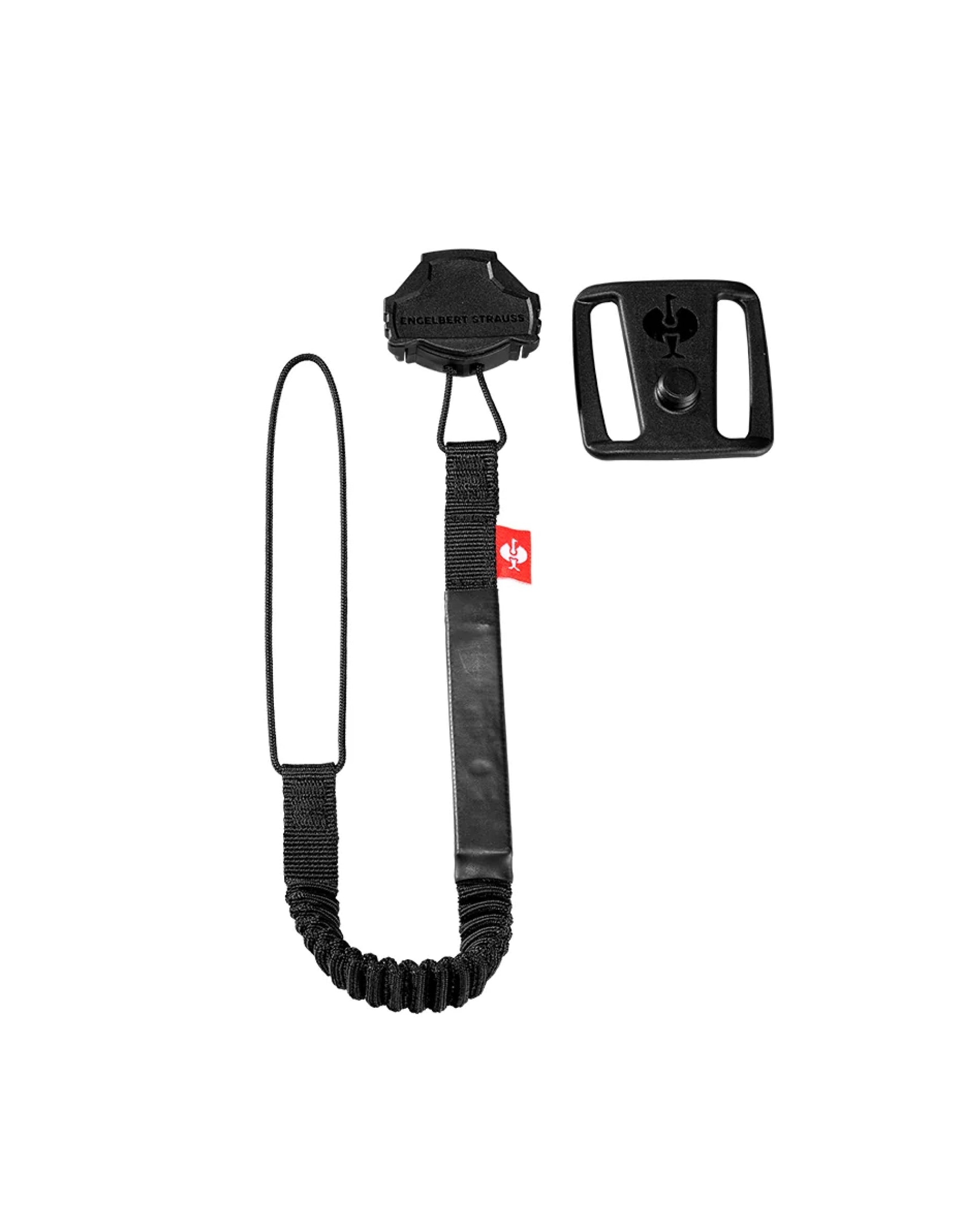 Black STRAUSS e.s.tool concept tool leash for securing tools to a work belt.