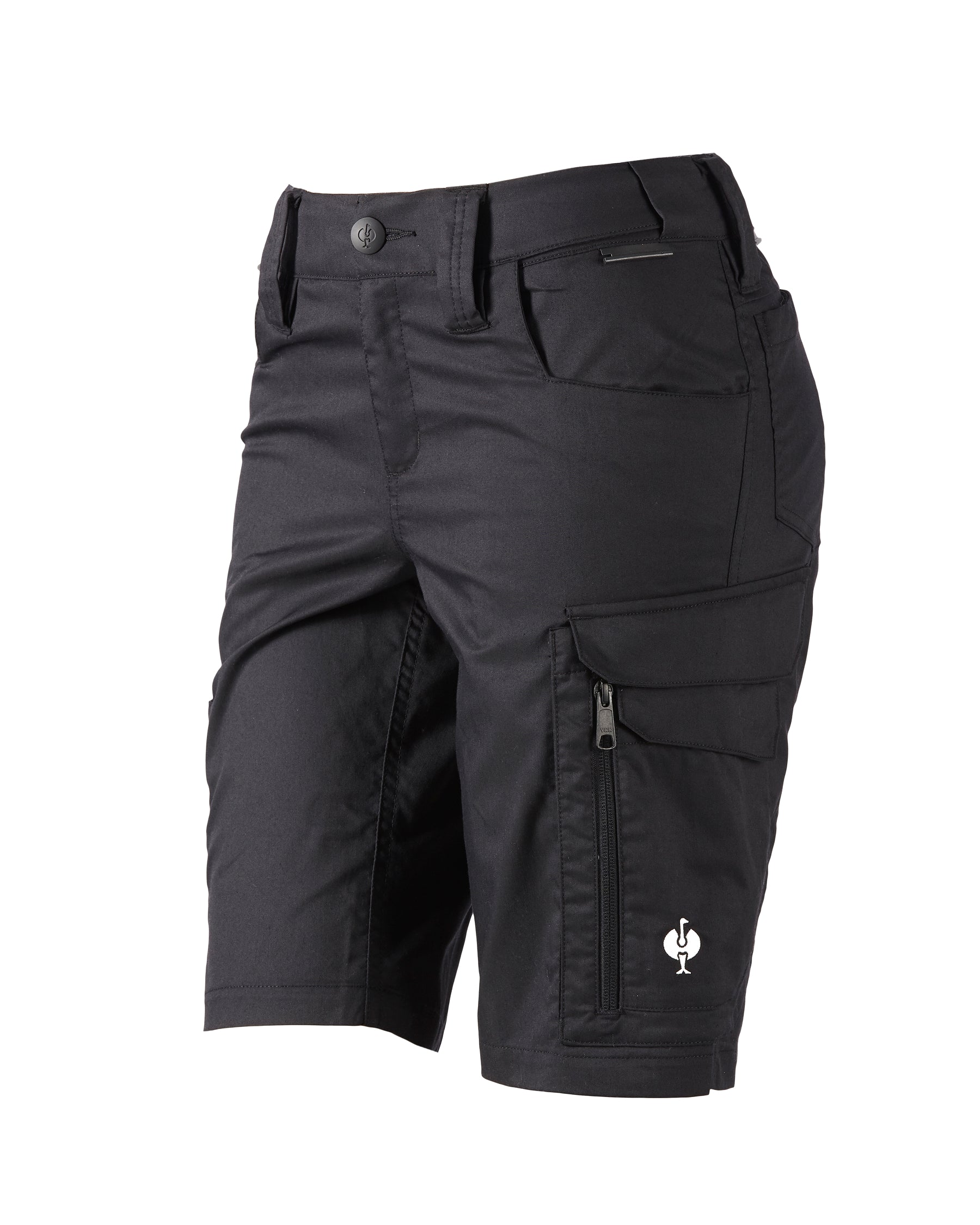 Engelbert Strauss women's e.s. concrete light shorts in black, shown as a clean front product image highlighting the above-knee workwear cut, waistband, and functional pocket placement.