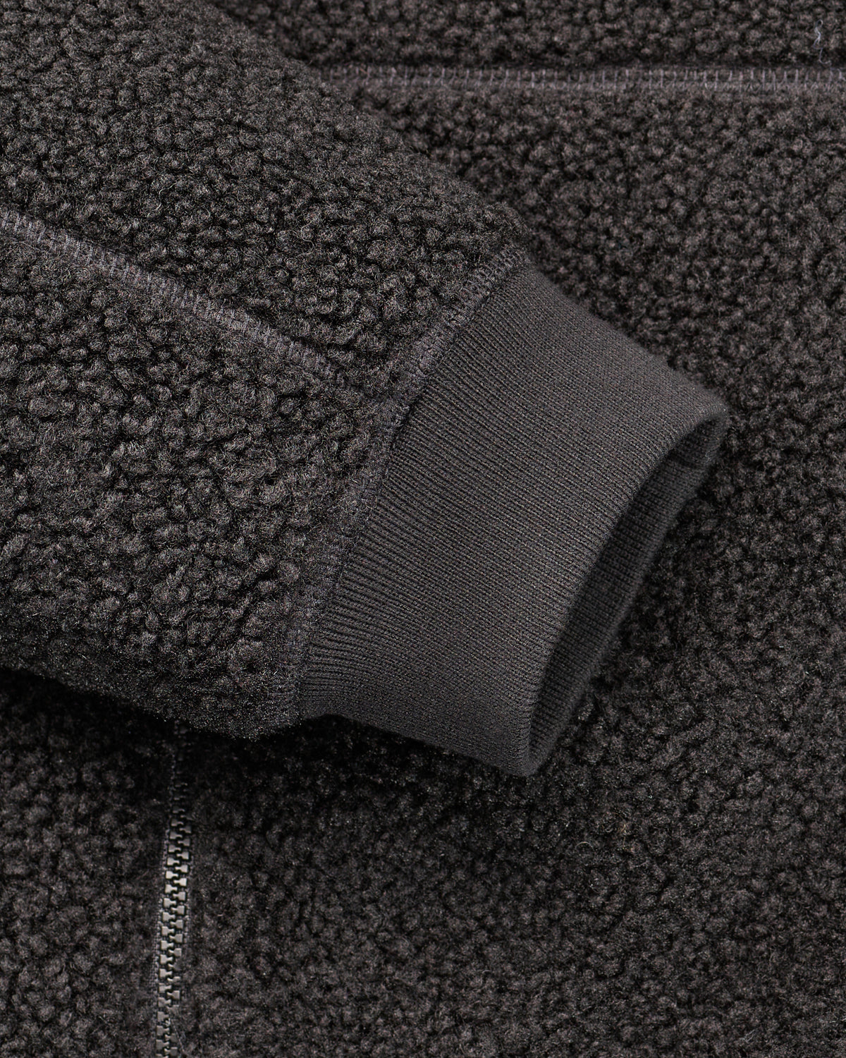 Close-up of zippered pocket details on STRAUSS e.s.e:pic sherpa fleece jacket in black