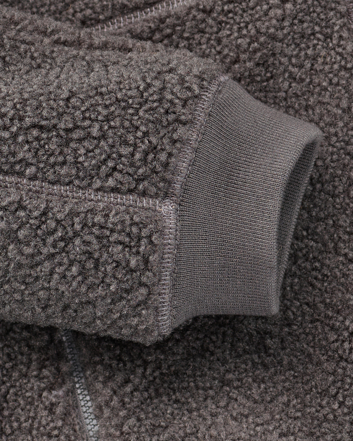 Close-up of zippered pocket details on STRAUSS e.s.e:pic sherpa fleece jacket in carbon gray