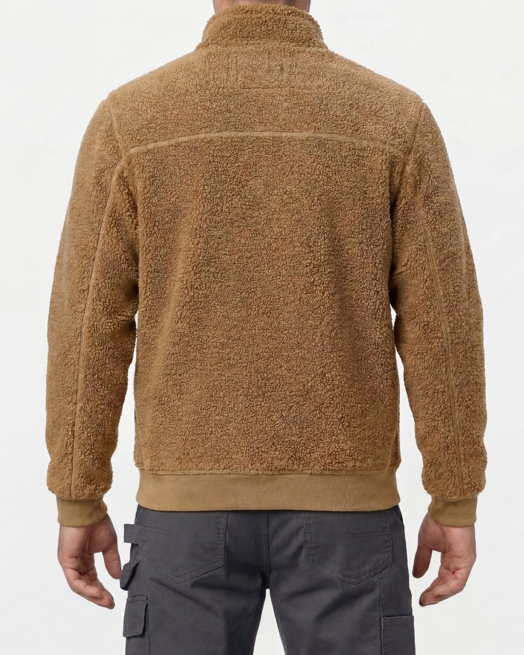 STRAUSS e.s.e:pic sherpa fleece jacket in almond brown worn, back view