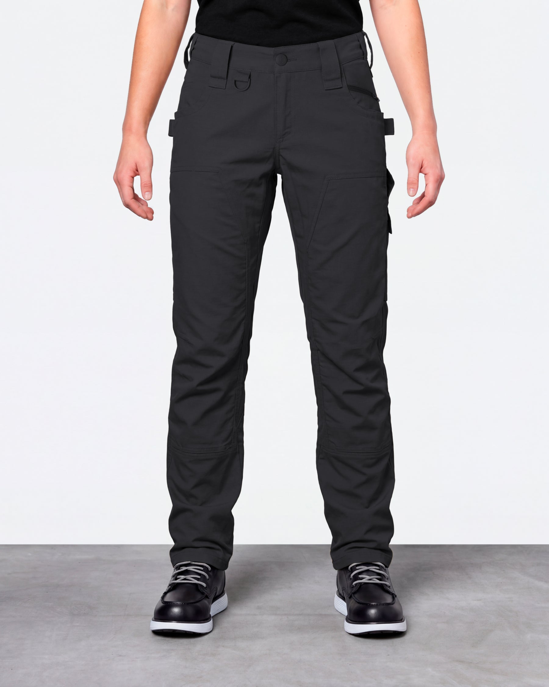 Women's Double Front Ripstop Cargo Work Pants e.s.e:pic in black worn by a model, front view