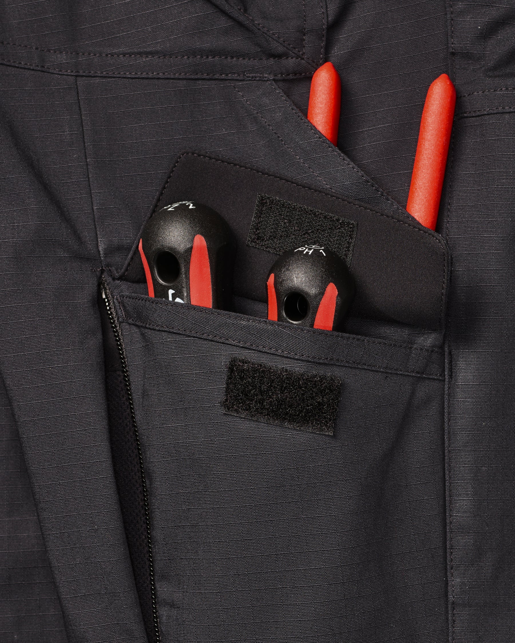 Close-up of reinforced fabric and seams on Women's Double Front Ripstop Cargo Work Pants e.s.e:pic in black