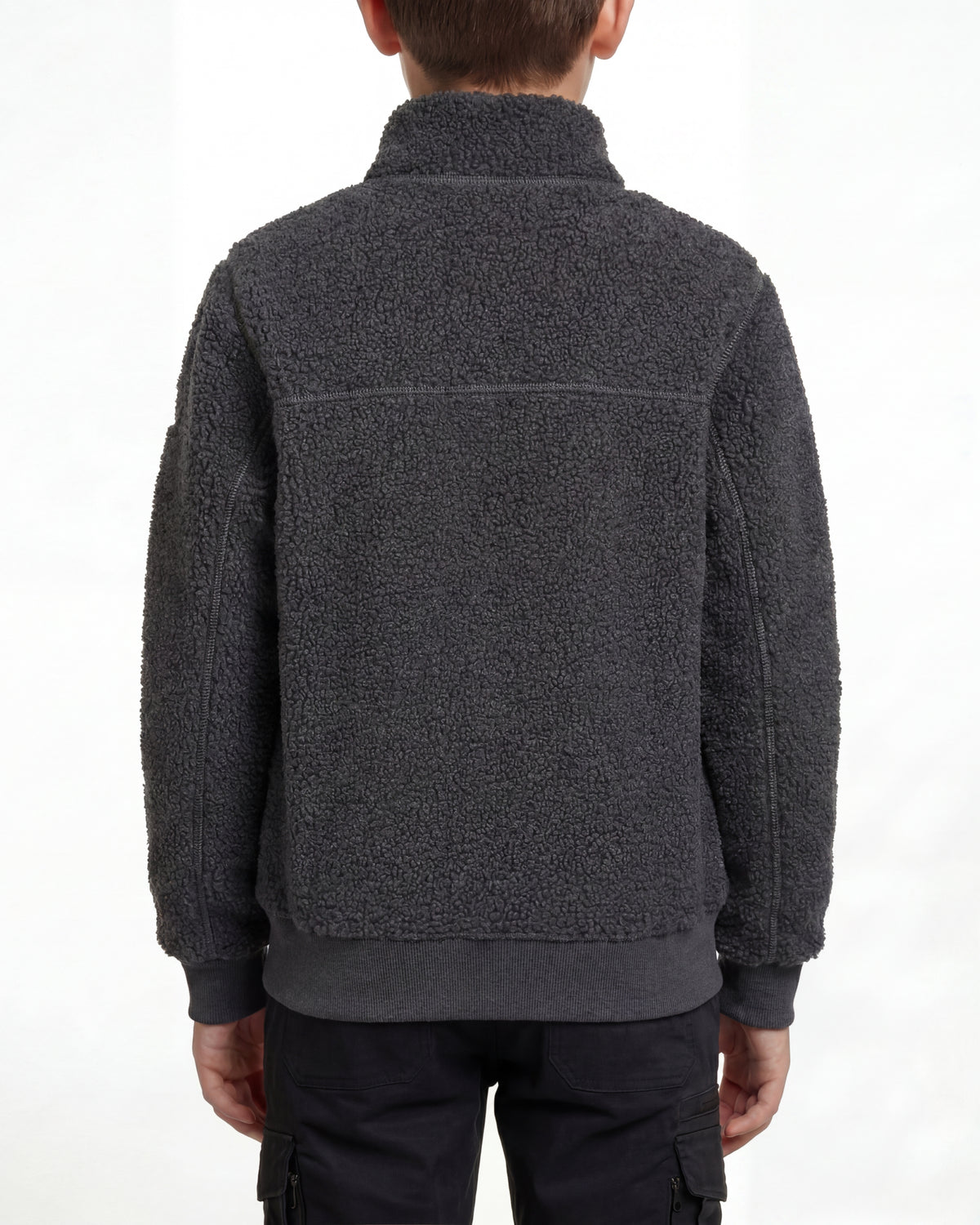 STRAUSS kids' e.s.e:pic sherpa fleece jacket in carbon gray worn, back view
