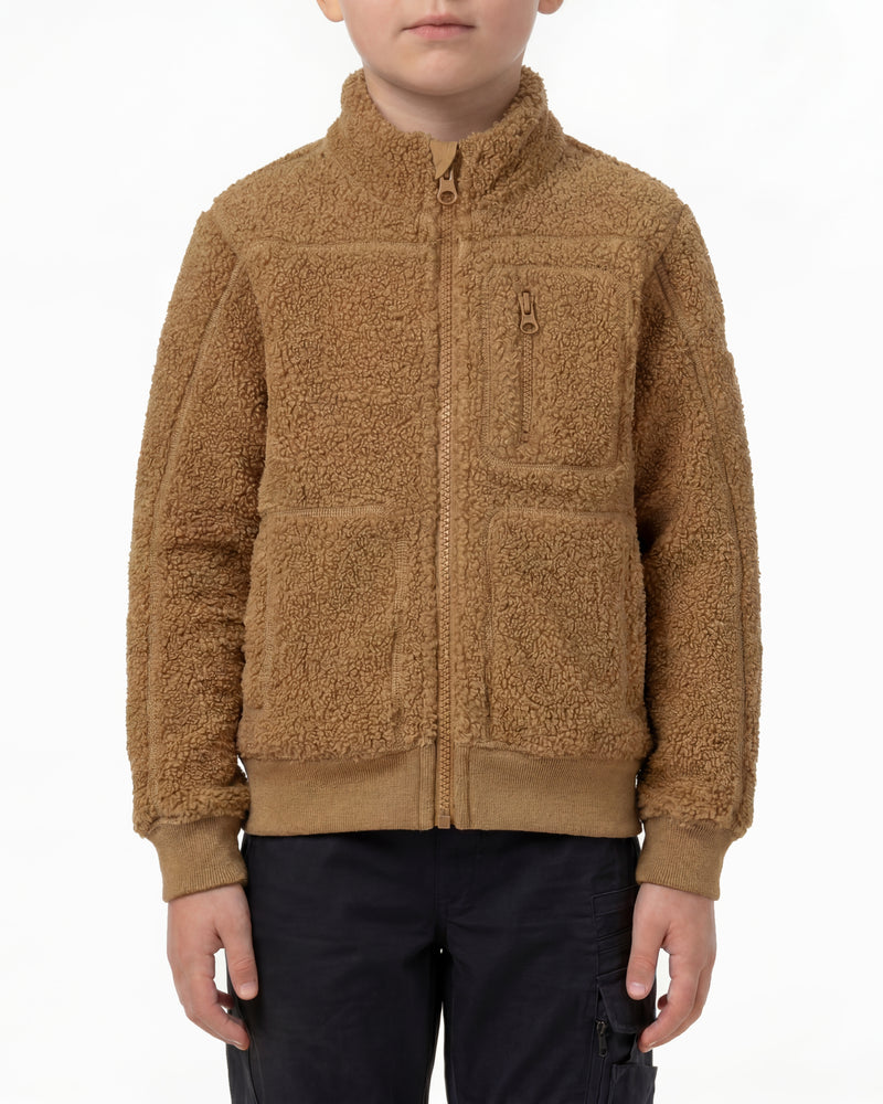 STRAUSS kids' e.s.e:pic sherpa fleece jacket in almond brown worn, front view