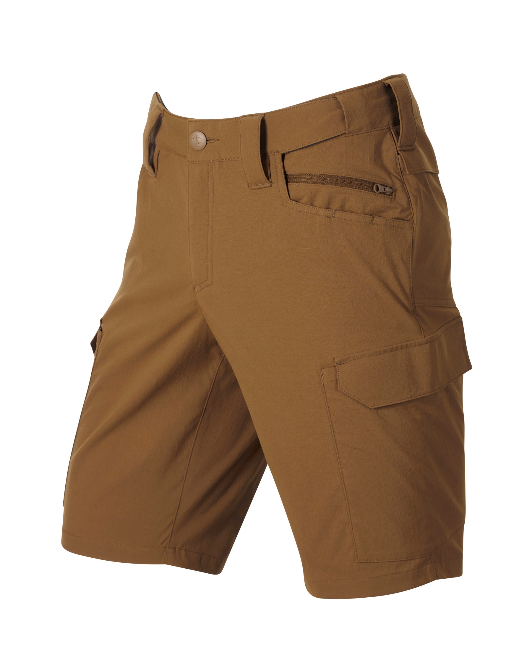 Engelbert Strauss e.s. taktik stretch ripstop cargo work shorts in desert brown, shown as a clean front product image highlighting the above-knee workwear cut, waistband, and functional pocket placement.