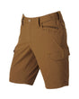 Engelbert Strauss e.s. taktik stretch ripstop cargo work shorts in desert brown, shown as a clean front product image highlighting the above-knee workwear cut, waistband, and functional pocket placement.