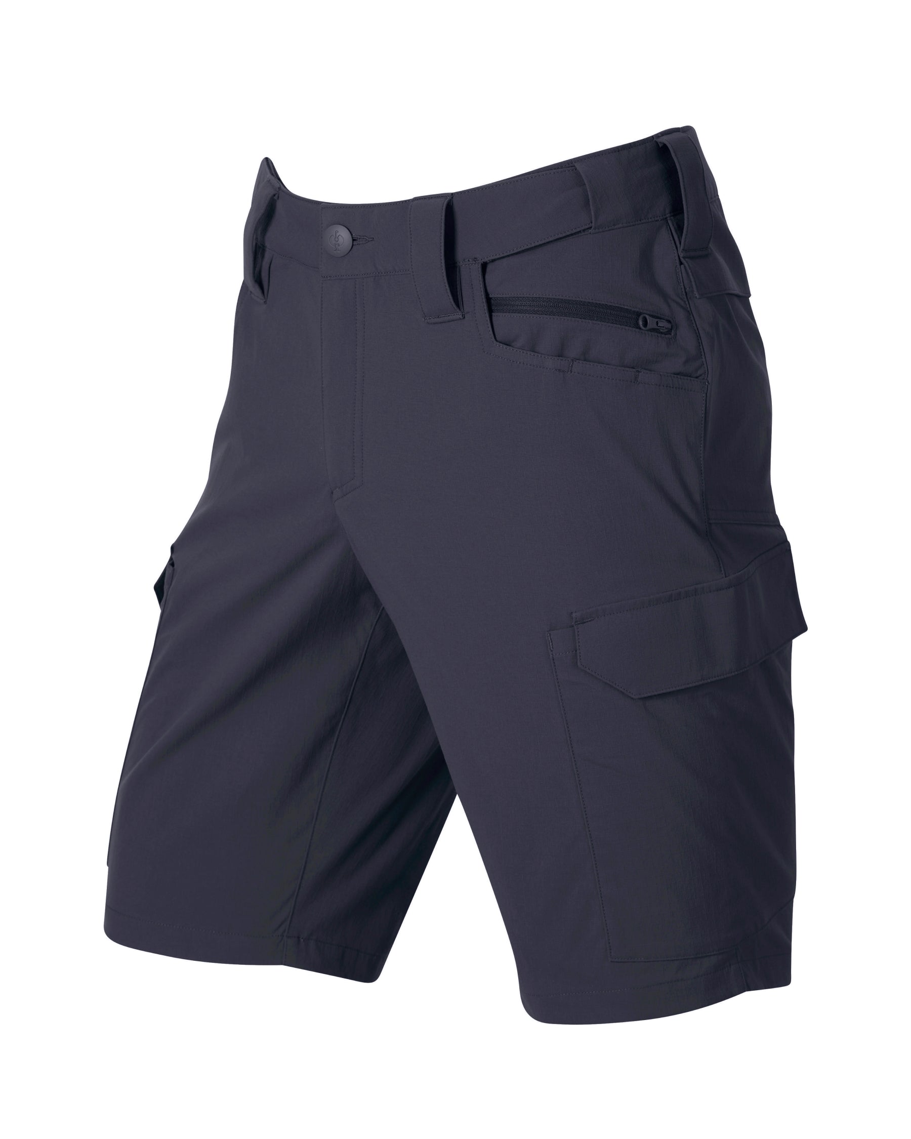 Engelbert Strauss e.s. taktik stretch ripstop cargo work shorts in nero blue, shown as a clean front product image highlighting the above-knee workwear cut, waistband, and functional pocket placement.