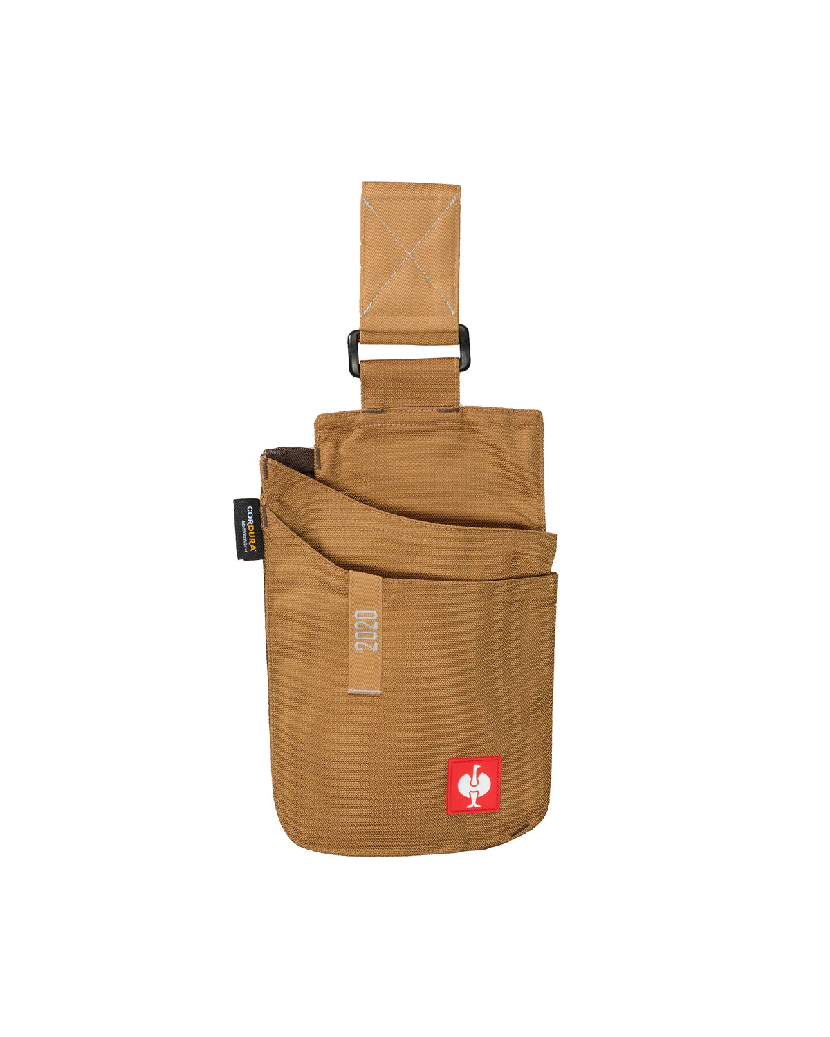 Small almond brown STRAUSS e.s.motion 2020 tool bag with layered pockets and a single belt attachment strap.