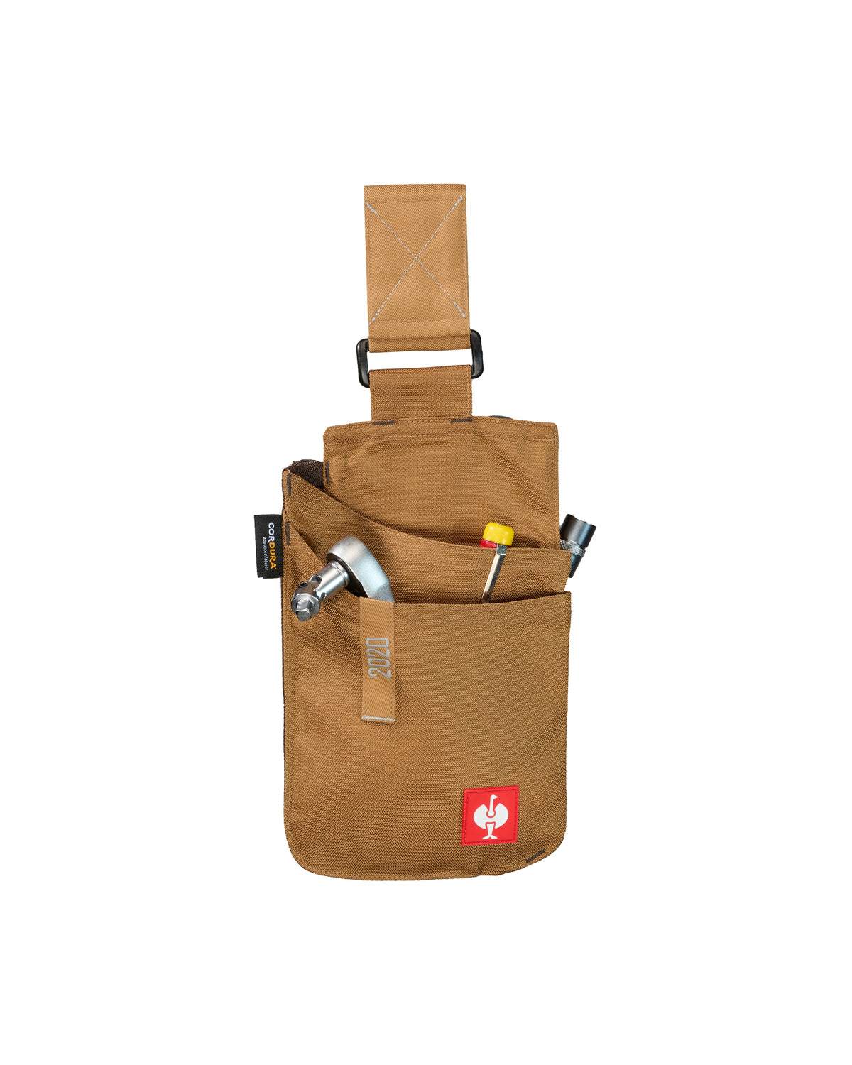 Small almond brown STRAUSS e.s.motion 2020 tool bag with hand tools stored in its layered pockets.