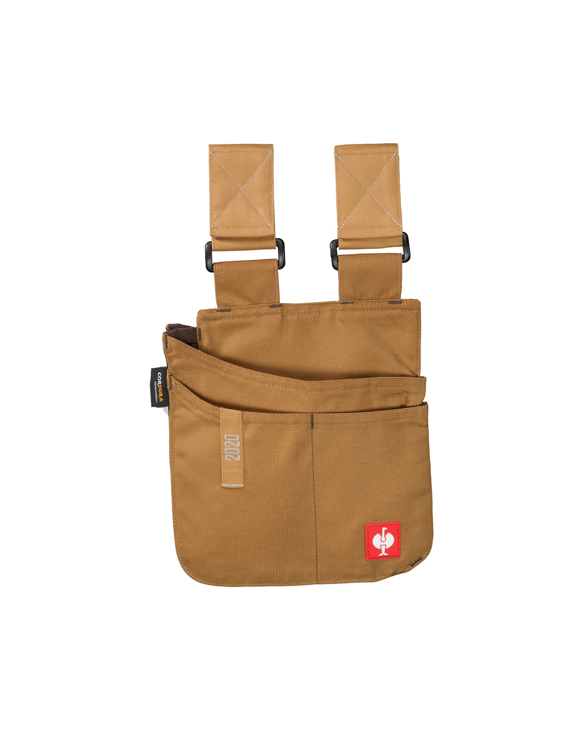 Medium almond brown STRAUSS e.s.motion 2020 tool bag with two belt straps and divided front pockets.