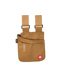 Medium almond brown STRAUSS e.s.motion 2020 tool bag with two belt straps and divided front pockets.