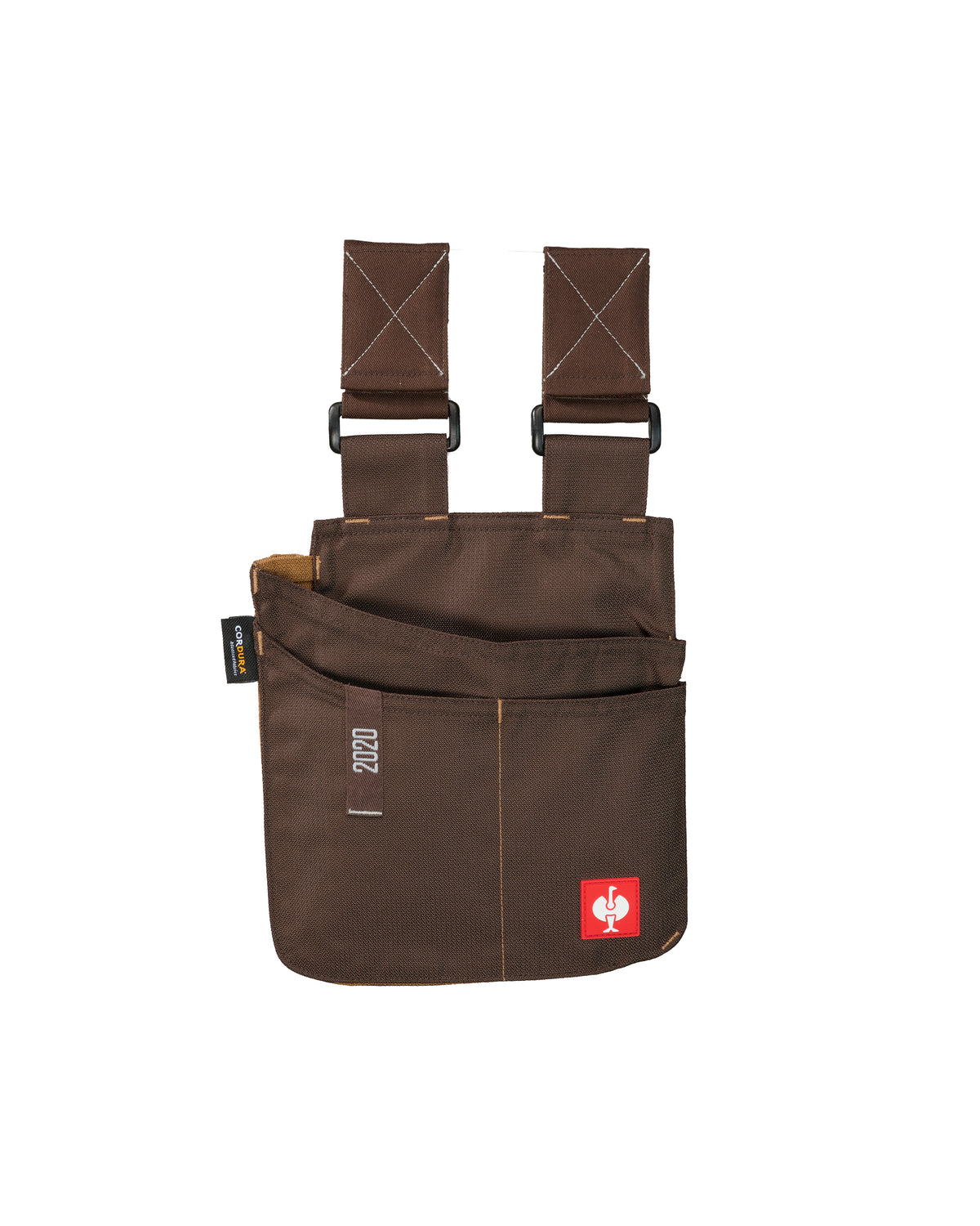 Medium chestnut STRAUSS e.s.motion 2020 tool bag with two belt straps and divided front pockets.