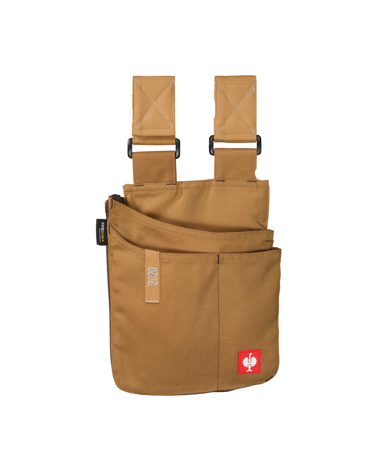 Large almond brown STRAUSS e.s.motion 2020 tool bag with two belt straps and divided front pockets.