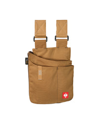Large almond brown STRAUSS e.s.motion 2020 tool bag with two belt straps and divided front pockets.