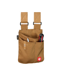 Large almond brown STRAUSS e.s.motion 2020 tool bag holding a screwdriver and metal tool.