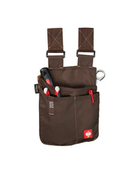 Large chestnut STRAUSS e.s.motion 2020 tool bag holding pliers, a screwdriver, and a wrench.