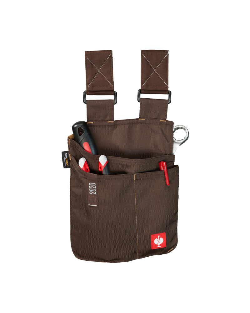 Large chestnut STRAUSS e.s.motion 2020 tool bag holding pliers, a screwdriver, and a wrench.