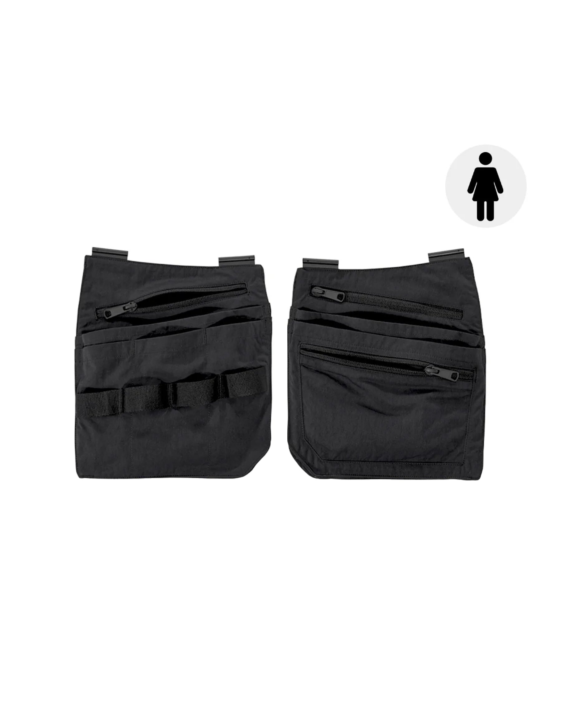 Black STRAUSS women's e.s.concrete light tool bags with modular pockets and belt attachment points.