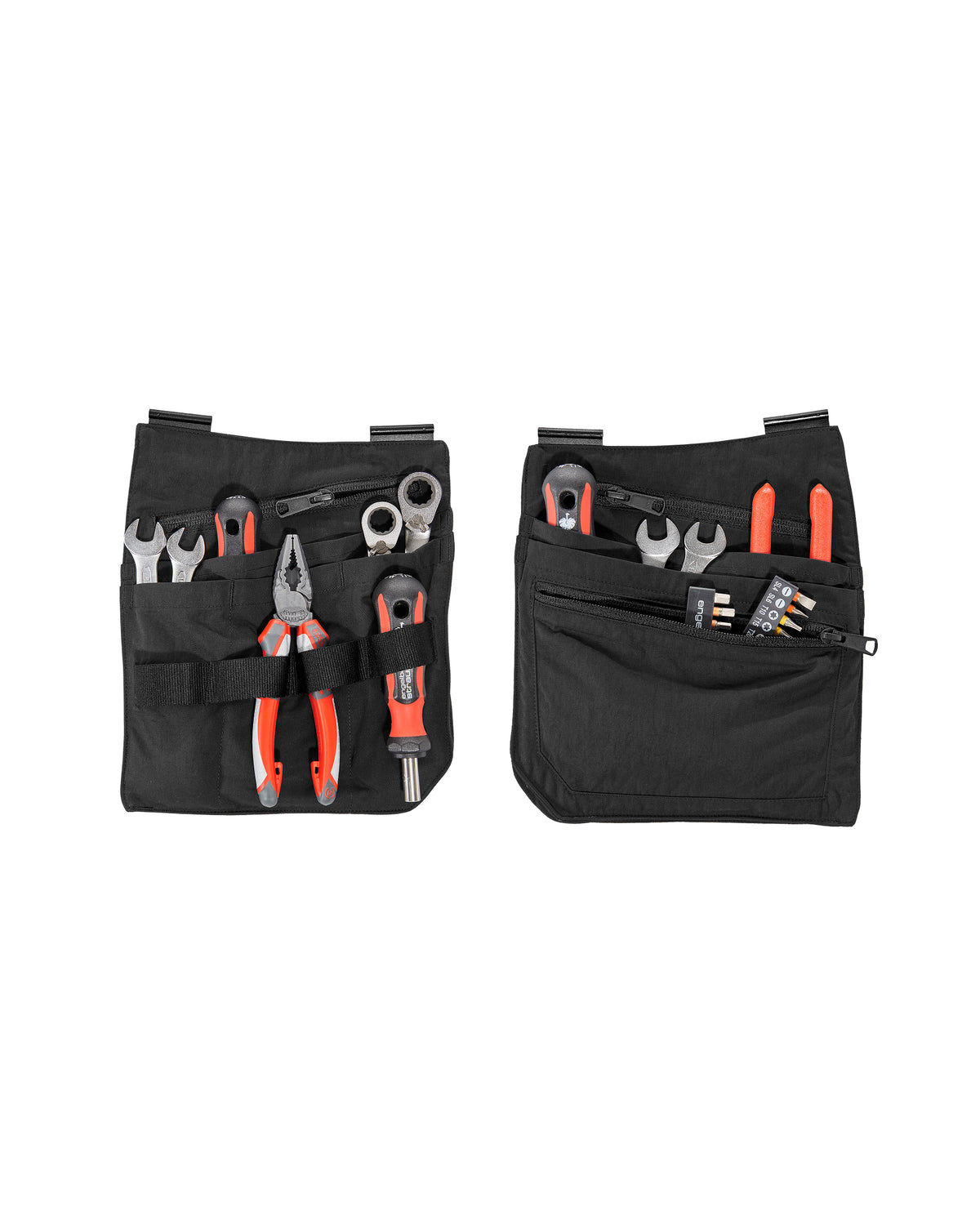A worker wears a black STRAUSS women's e.s.concrete light tool bags on a tool belt with utility work pants.