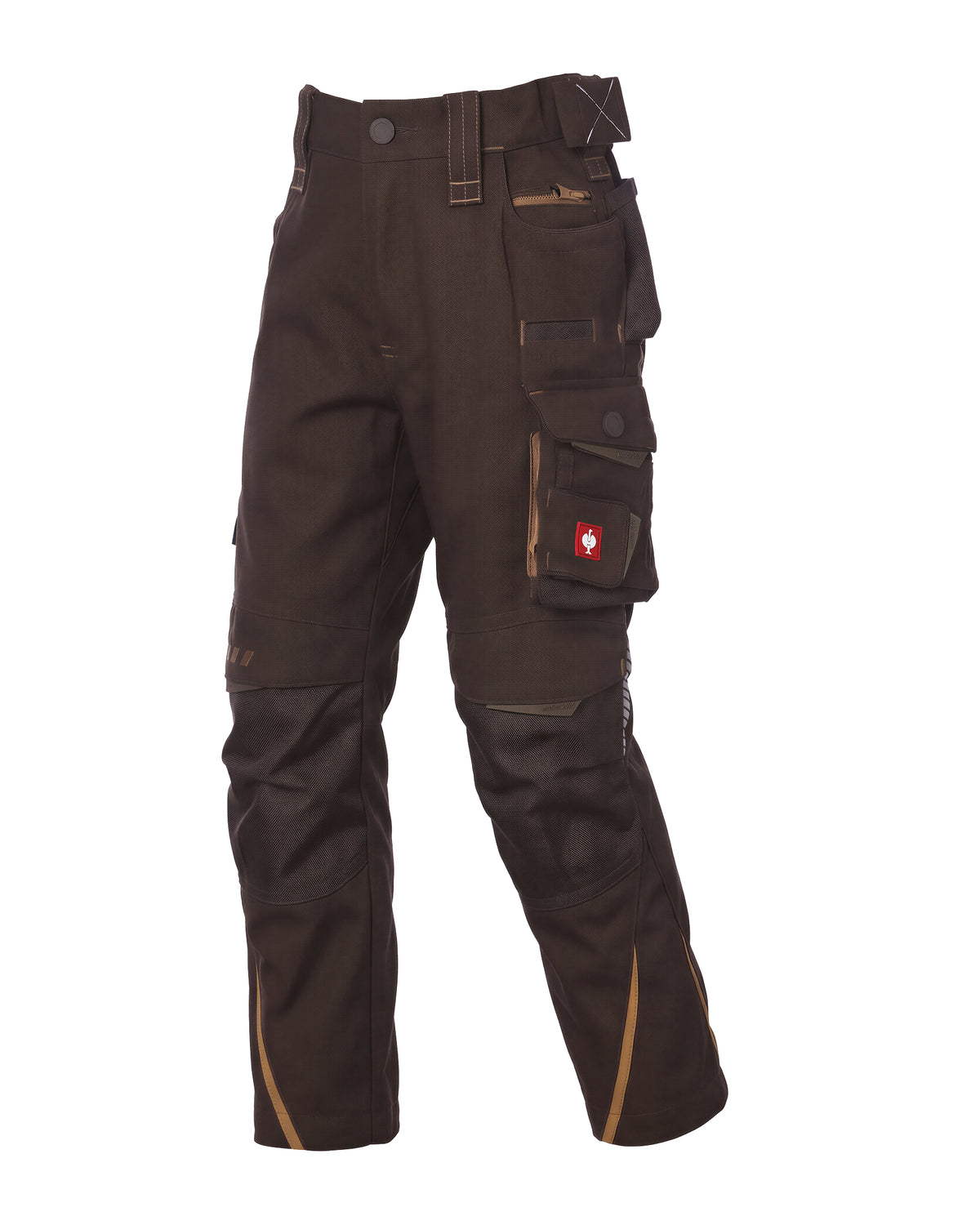 Dark brown work pants with multiple utility pockets, reinforced knee panels, and tan contrast stitching, shown against a plain white background.