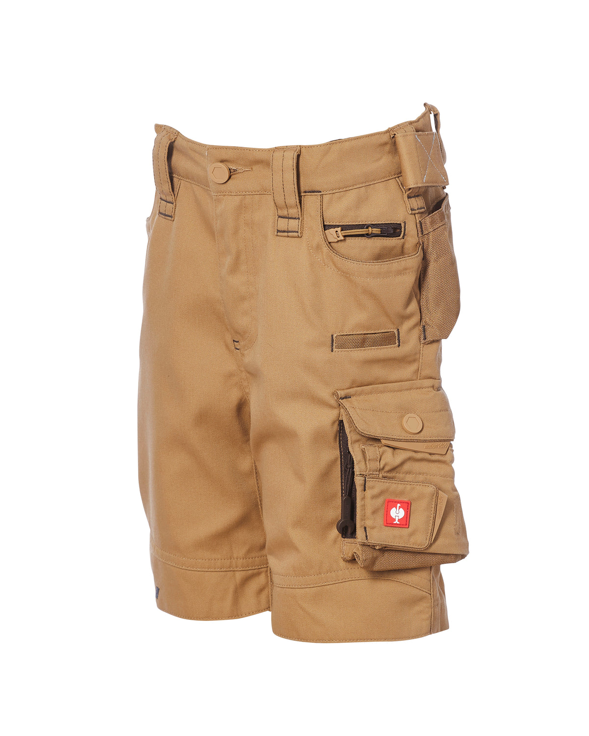 A pair of tan cargo shorts with multiple utility pockets, belt loops, and a small red Swiss flag patch on the front pocket, shown against a plain white background.