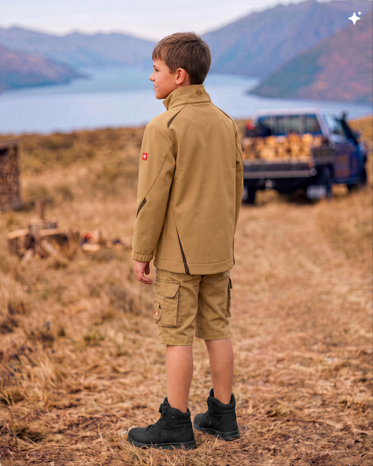 A young boy stands outdoors in a dry grassy field with mountains and water in the background, wearing a tan hooded jacket, matching tan cargo shorts, and black boots. A pickup truck is parked blurred in the background.
