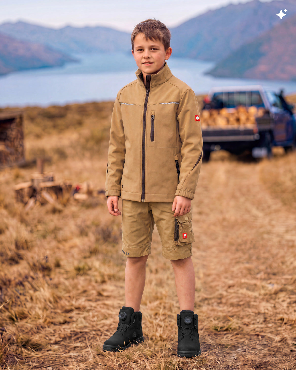A young boy stands outdoors in a dry grassy field with mountains and water in the background, wearing a tan waterproof jacket, matching shorts, and black boots. A pickup truck is visible in the blurred background.