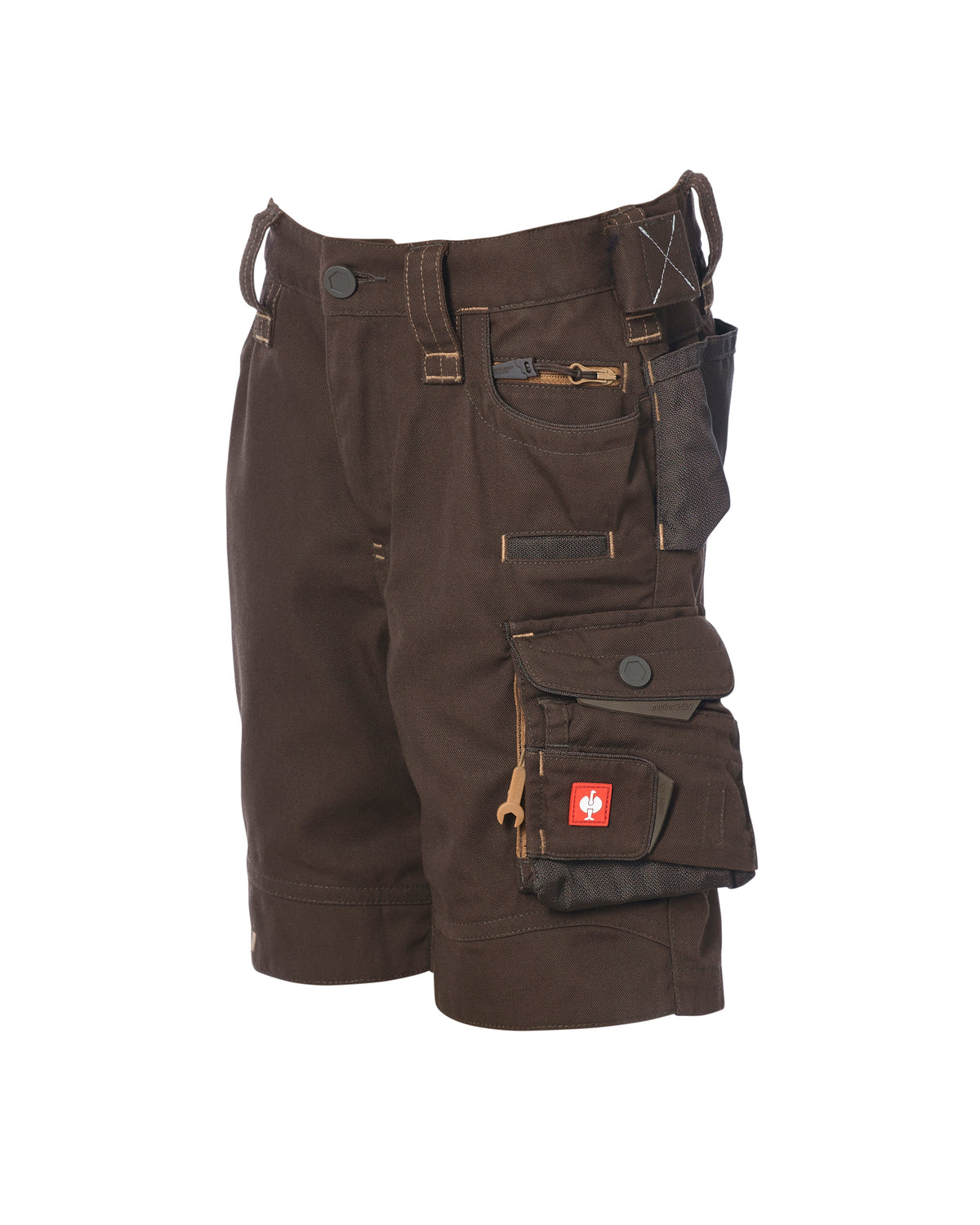 A pair of dark brown work shorts with multiple utility pockets, including a side cargo pocket with a red logo patch, shown against a plain white background.