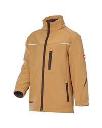 A tan softshell jacket with dark brown zippers, reflective light gray stripes on the chest, and a small red Swiss flag logo on the left sleeve, shown on a plain white background.