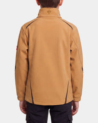 A child viewed from the back wearing a tan quarter-zip fleece jacket with dark contrast stitching and a small red patch on the sleeve, paired with dark cargo pants against a light gray background.