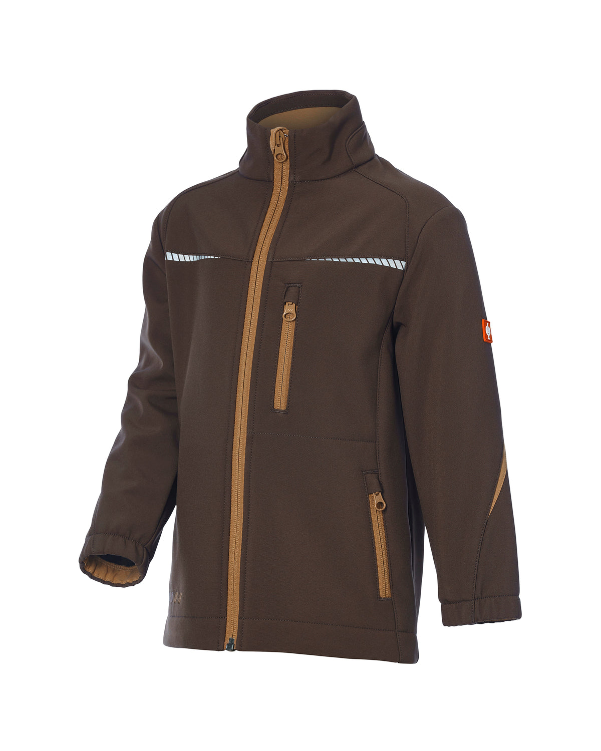 A dark brown softshell jacket with tan zipper details, zippered pockets, and reflective white stripes on the chest, shown on a plain white background.