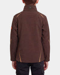 A child viewed from the back wearing a brown softshell jacket with tan contrast stitching and dark cargo pants, set against a light gray studio background.