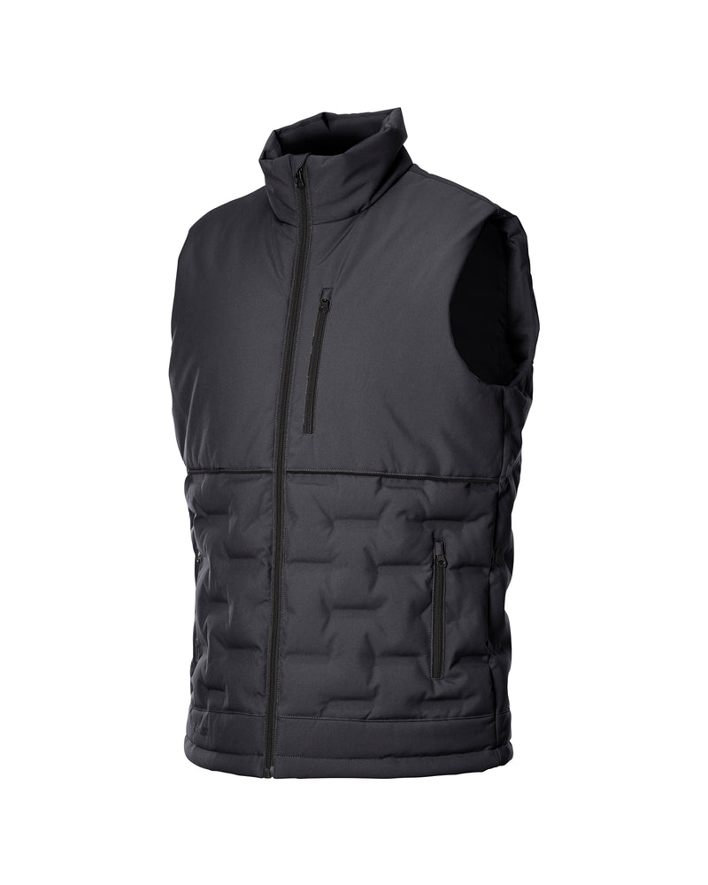 A dark gray sleeveless puffer vest with a high collar, front zipper, and quilted pattern, shown on a plain white background.