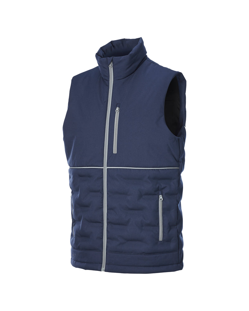 A navy blue sleeveless puffer vest with a high collar, featuring a full-length front zipper, a zippered chest pocket, and a zippered hand pocket, shown against a plain white background.