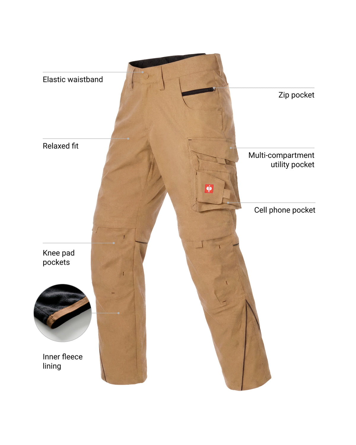 Tan cargo pants shown on a white background with labeled callouts pointing to features such as the elastic waistband, zip pocket, relaxed fit, multi-compartment utility pocket, cell phone pocket, knee pad pockets, and inner fleece lining.