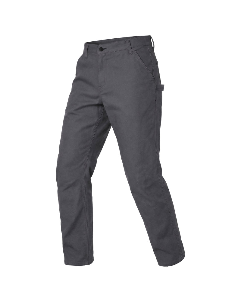 Carbon gray STRAUSS stretch canvas multipocket work pants with belt loops and side pockets, front view.