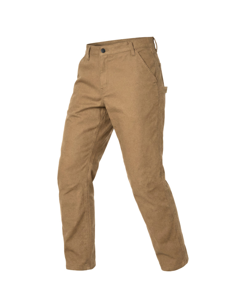 Almond brown STRAUSS stretch canvas multipocket work pants with belt loops and side pockets, front view.