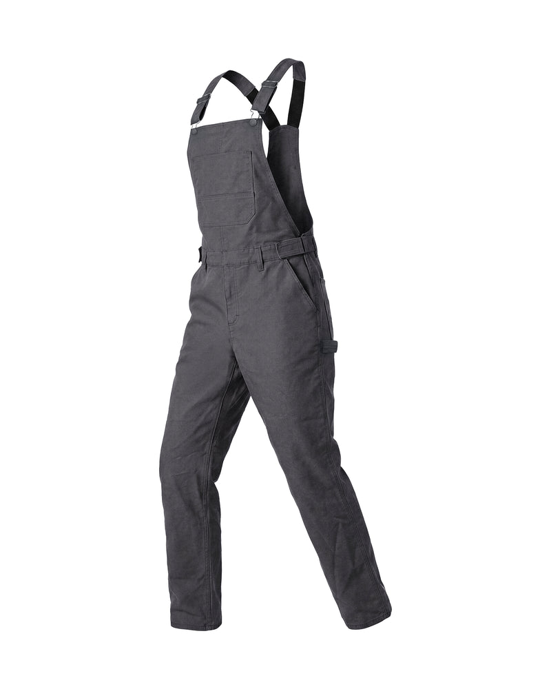 Carbon gray STRAUSS stretch canvas multipocket bib overalls with adjustable shoulder straps, front view.