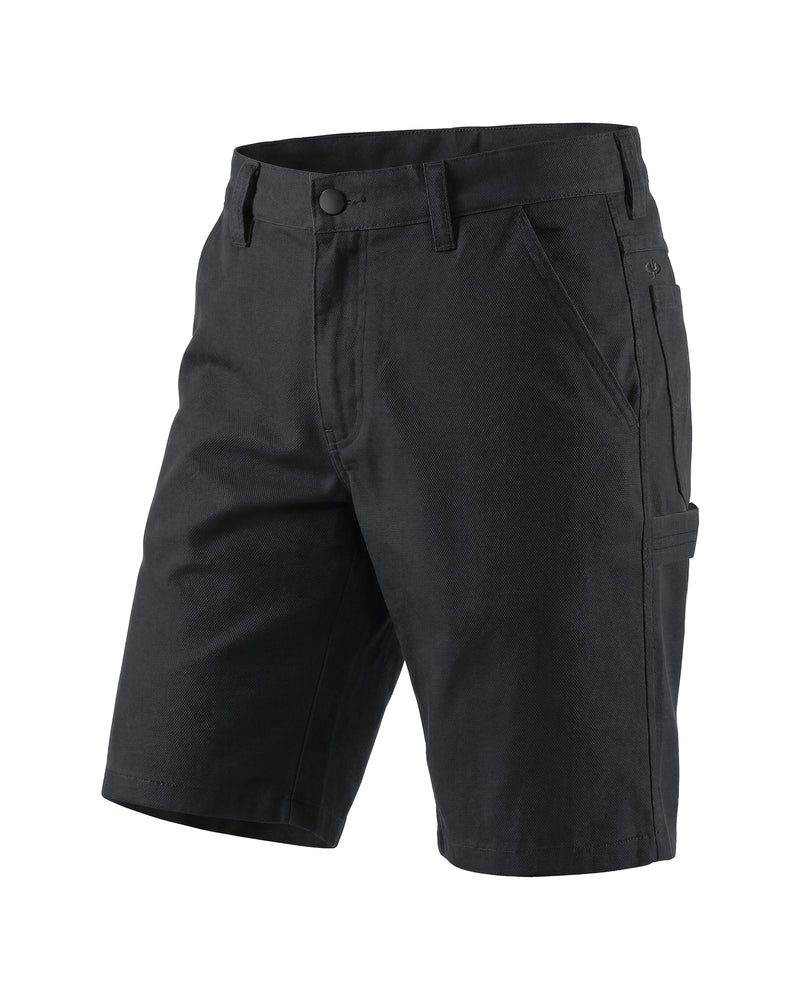 A pair of black cargo shorts with a button closure, belt loops, and side cargo pockets, shown on a plain white background.
