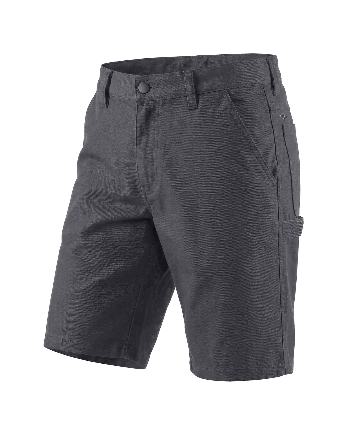 Dark gray cargo shorts with a button closure, belt loops, and side cargo pockets, shown on a plain white background.