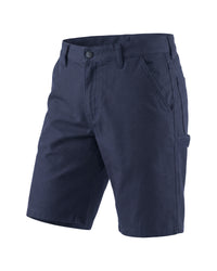 A pair of navy blue cargo shorts with a button closure, belt loops, and side cargo pockets, shown on a plain white background.