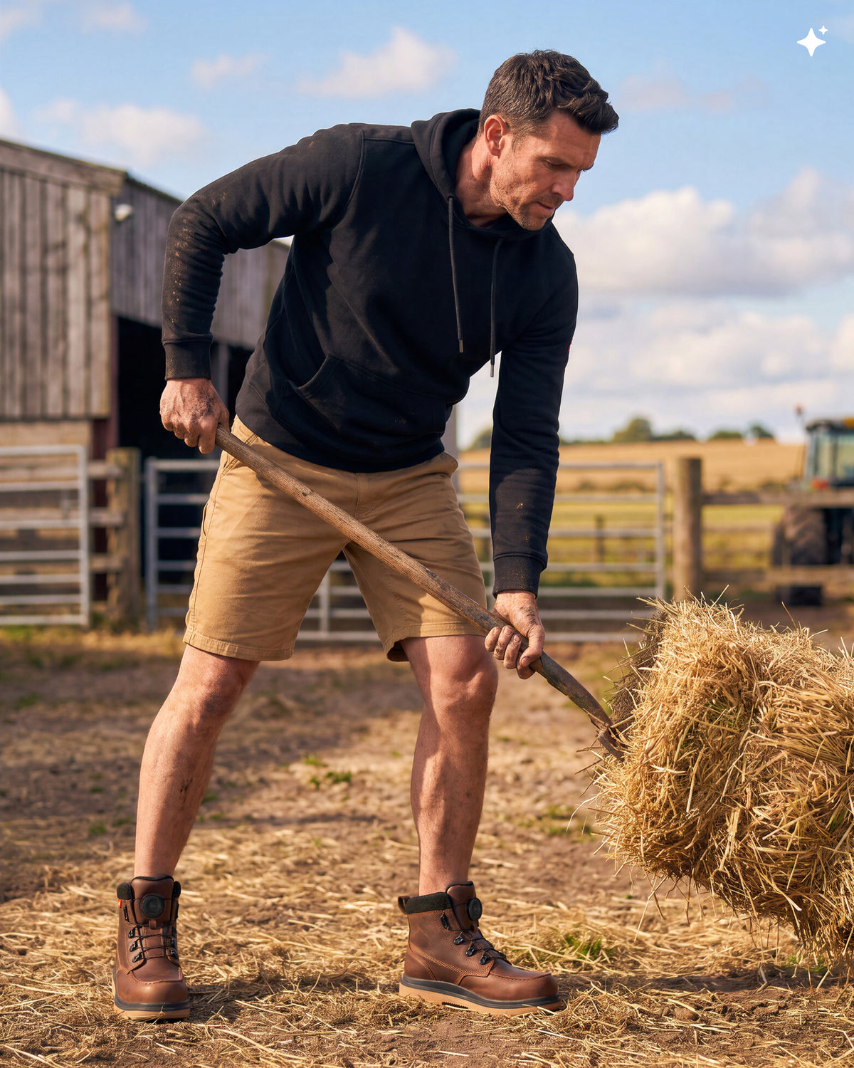 A man on a farm wearing a black hoodie, tan shorts, and brown boots, pushing a hay bale with a pitchfork in an outdoor barn setting.